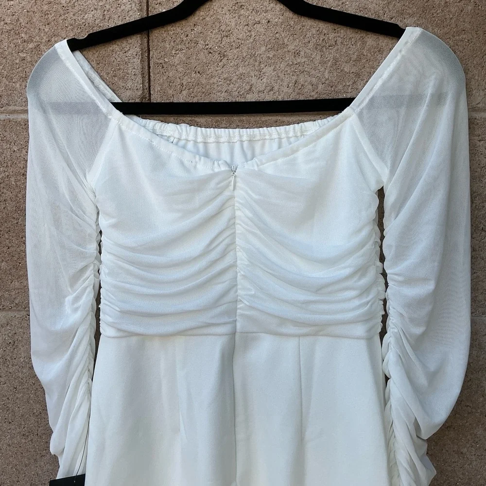 NWT Lulu’s Elegant Eternity White Mesh Ruched Off-the-Shoulder Mini Dress Medium
